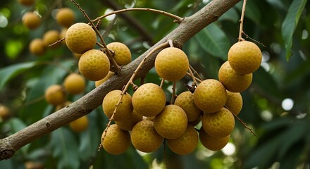 Fresh longan fruits growing naturally on tree branches with green leaves background