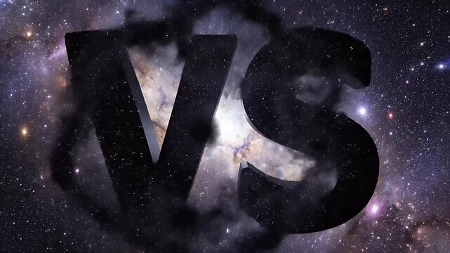 Black 3D letters "VS" against a vibrant, star-filled nebula background