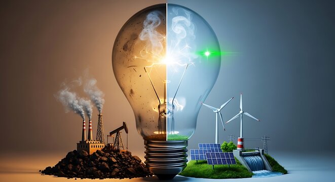Sustainable energy concept lightbulb representing transition from fossil fuels to renewable wind power