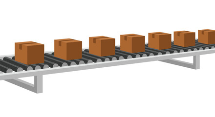 Obraz premium Six brown cardboard boxes move along a grey roller conveyor belt.