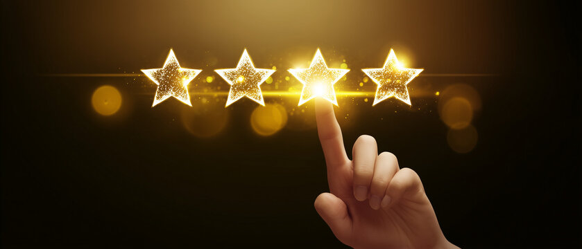 M&atilde;o seleciona cinco estrelas, representando avalia&ccedil;&atilde;o positiva, satisfa&ccedil;&atilde;o do cliente, reputa&ccedil;&atilde;o, qualidade de servi&ccedil;o e experi&ecirc;ncia