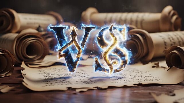 Fiery 'VS' logo hovers over aged scrolls on a wooden surface