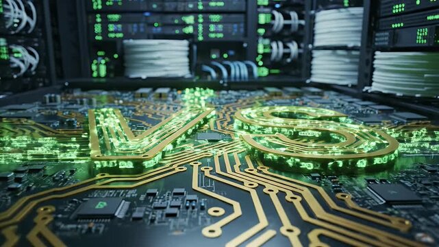 Golden circuitry and glowing green elements form a digital network