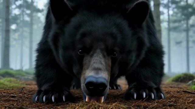 Intense black bear emerges from a misty forest, its powerful presence commanding attention.