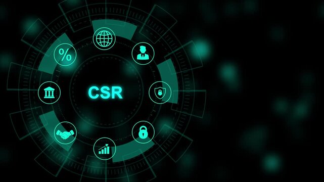 CSR abbreviation, modern technology concept. Corporate social responsibility and giving back to the community concept. Modern technology, internet and social media icons 4K animation background
