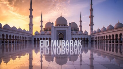 Naklejka premium Eid mubarak greeting with beautiful mosque at sunset