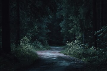 Fototapeta premium Dark forest road inviting exploration through tall trees and dense underbrush at dusk, creating a mysterious atmosphere