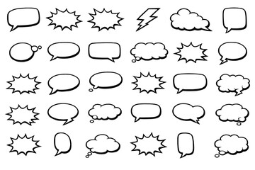Fototapeta premium Set of blank comic speech bubbles, thought clouds, starburst explosions and lightning bolt in bold black outline on white. Concept of dialogue, messaging, stickers and pop art design.
