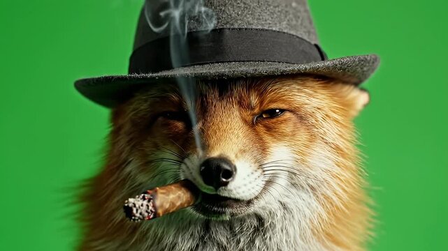 Cigar Smoking Fox Wearing Fedora Hat Closeup.