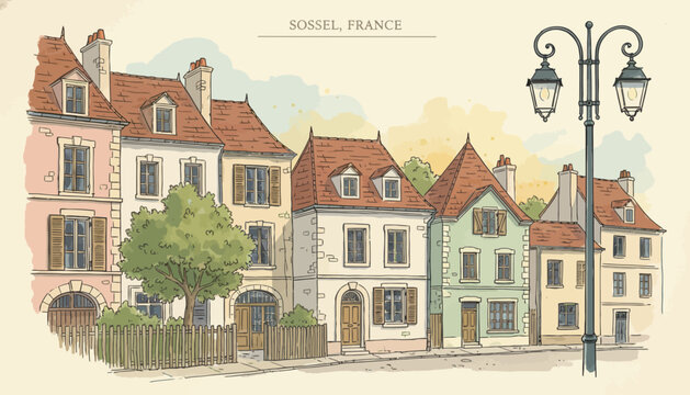 Quaint French houses in a charming European town street scene.