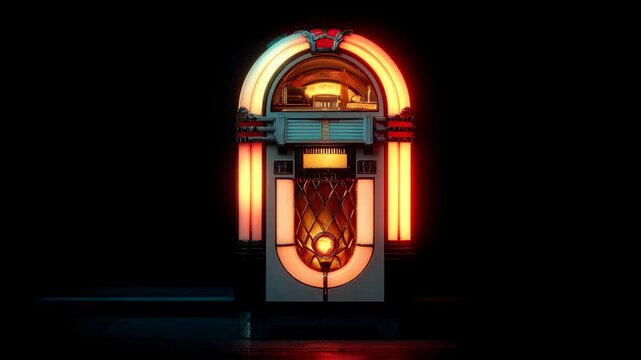 Vintage jukebox with illuminated details and retro design, showcasing vibrant colors and intricate patterns against a dark background in a nostalgic setting