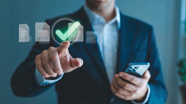 Digital Document Verification: A professional figure, dressed in formal attire, utilizes advanced technology to authenticate and validate digital documents.
