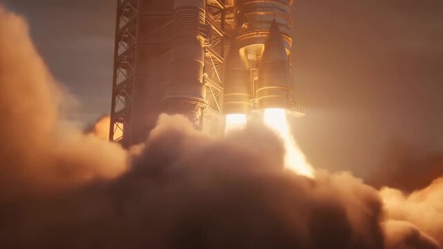 Retro-futuristic heavy-lift rocket launch preparation with vivid flames and smoke billowing under dramatic twilight sky, captured in vintage 70mm film style