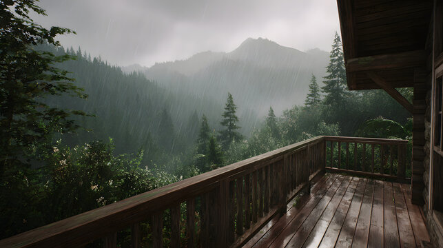 POV from cozy wooden balcony with railing, looking out at misty rainy mountains in the distance, overcast stormy sky, rain falling, lush green forest below, warm wooden deck in foreground,