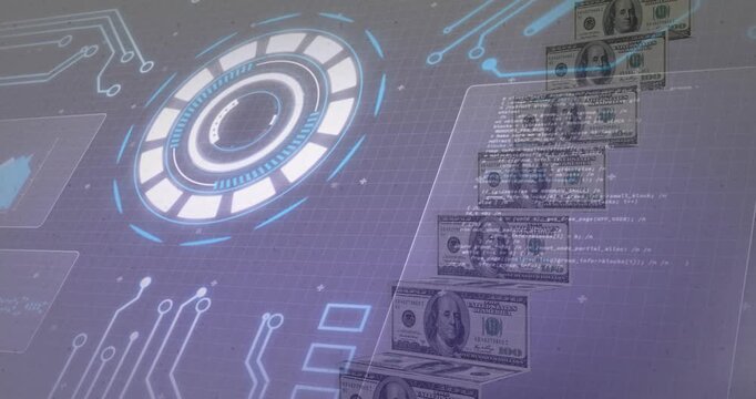 HUD pulsing, causing panels fading and scrolling across rising money steps, showing market data