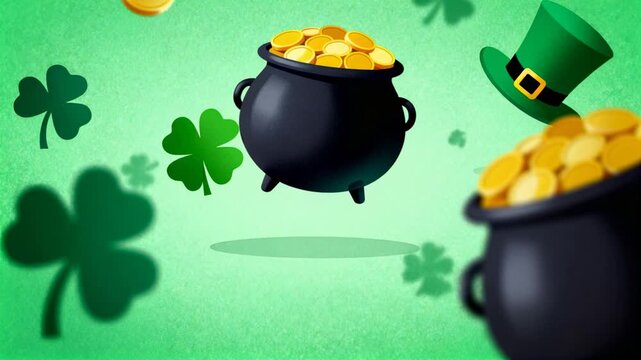 Bouncing center cauldron rising and falling on green backdrop, looping with coin for St Patricks