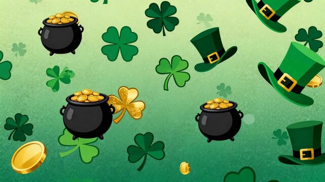 Loop starting, St Patrick motif drifting on green backdrop for holiday use with pots, coins