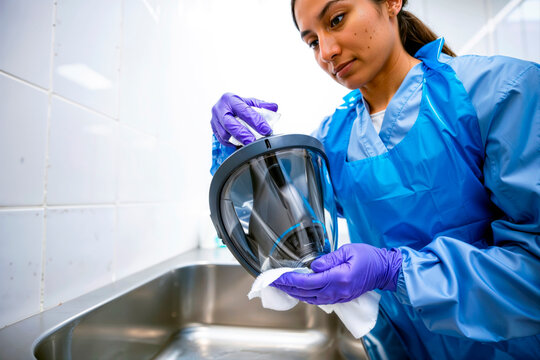 A worker in a protective apron washes a full-face respirator mask over a sink.