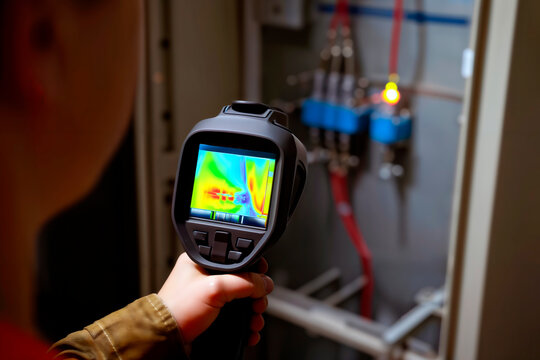 Technician using thermal imaging camera to inspect electrical panel components.