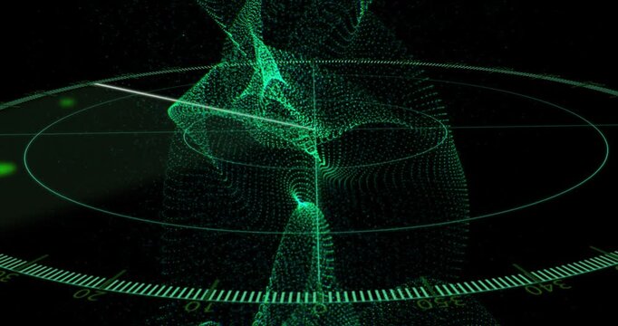 Green point-cloud column undulating as sweep beam extending and rotating, scanning and making pings