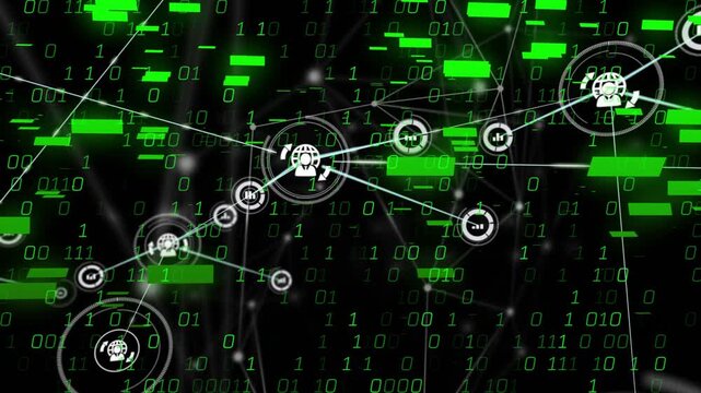Central HUD node pulsing and spawning nodes, linking, expanding network visualizing green data flow