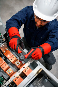 Electrician in safety gear working on copper busbars in electrical switchgear.