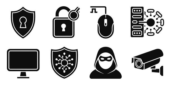 A collection of cybersecurity icons including a shield, lock, computer mouse, server, monitor, hacker, and security camera.