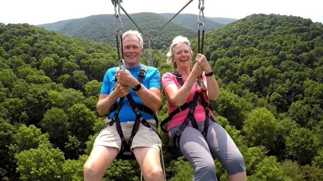 Senior couple enjoying ziplining adventure in lush green forest landscape