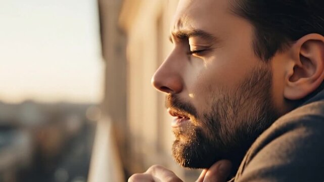 Golden Gaze: A man is lost in thought on the balcony, capturing his pensive contemplation in the warm glow of the sun.