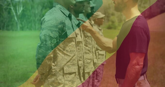 Trainer walking to front soldier tapping patch and causing tinted overlay during military check