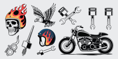 Retro Motorcycle Theme Vector Set. Skull, Helmet, Eagle, Bike, Wrench and Piston Illustrations for Biker Club Emblem, T Shirt Print, Vintage Garage Logo and Custom Motor Design. © BROZEEX