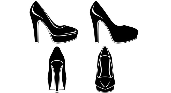 High heel shoes set in different views black silhouette fashion footwear for women vector icon collection