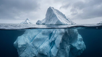 Iceberg with visible underwater mass below ocean waterline in open sea