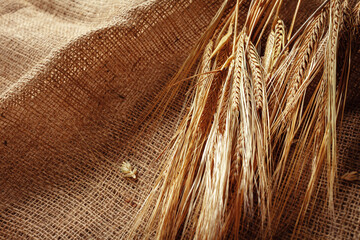 Naklejka premium Wheat stalks on burlap fabric in a rustic setting during daylight hours
