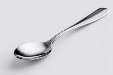 Modern stainless cutlery spoon resting on a white background showcasing its sleek design and polished surface