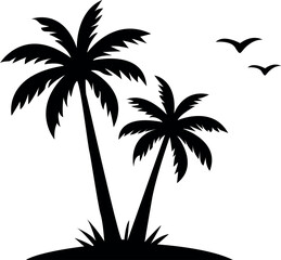 Obraz premium Black and white illustration of palm trees and flying birds