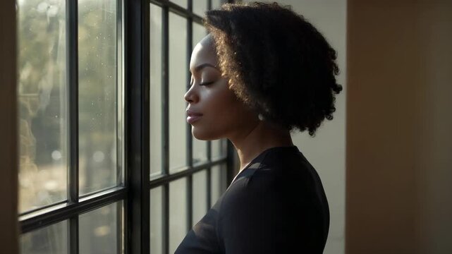 Contemplating, woman turning left and gazing out metal window in room, wearing dark top and studs