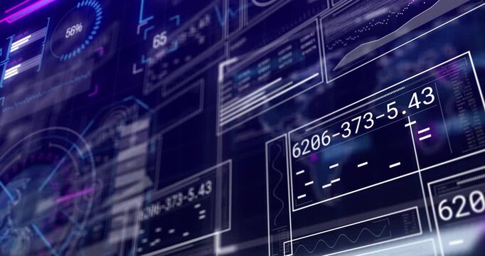 Camera sweeping left-right starting holo panels sliding codes changing gauge varying showing data
