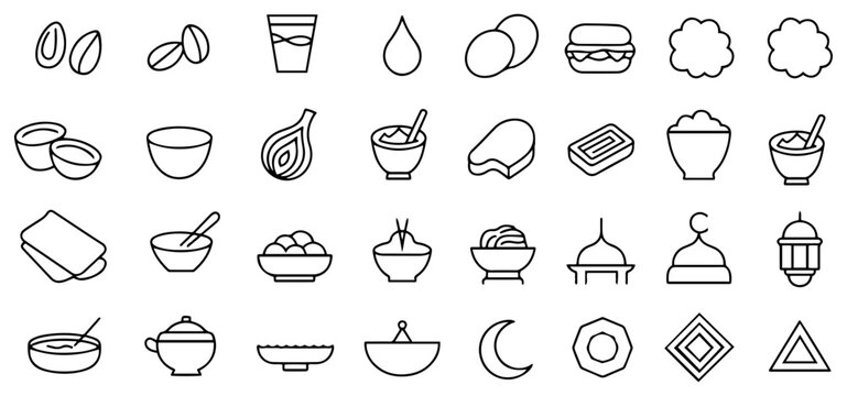 ramadan iftar food meal icon set