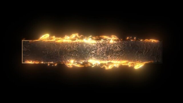Burning rectangular metallic banner with textured stone surface and glowing orange flames on transparent background for cinematic title and heading design