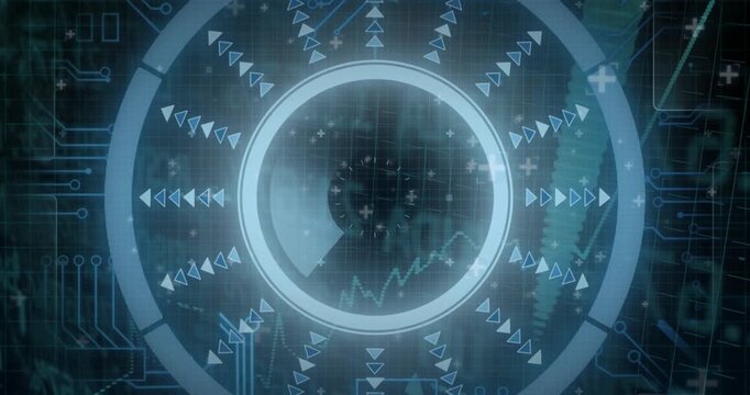 View shifting toward central circular HUD, rings building and wedge rotating, scanning market data