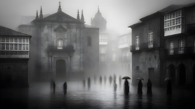 Santiago de Compostela in winter and in heavy rain, facing the facing the portico de la Gloria, heavy mist rolling across the square, long-exposure motion blur on the few distant figures, ghostlike