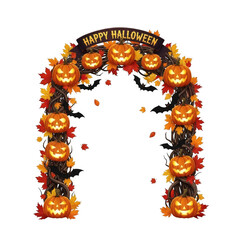 Obraz premium Halloween archway with glowing jack o' lanterns, spooky pumpkin entrance frame with autumn leaves and bats, festive holiday border on white background