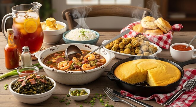 Delicious southern style meal with shrimp gumbo and cornbread
