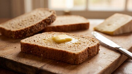 Sliced brown bread with butter on a wooden cutting board near a butter knife