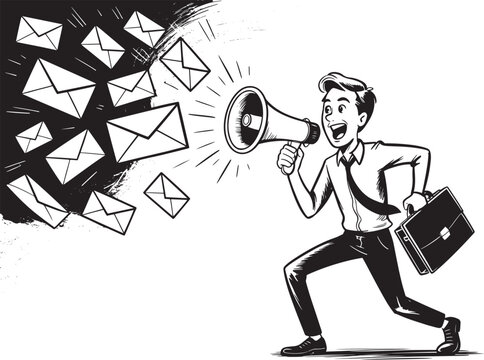 Businessman with Megaphone Announcing Messages and Emails, Retro Comic Style Vector Illustration