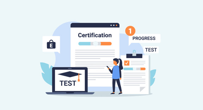 An illustrated woman stands near a large certification document, a laptop, and test materials on a light blue background.