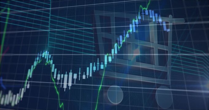Teal grid lines appearing candles and trends drawing up then falling showing commerce cart staying