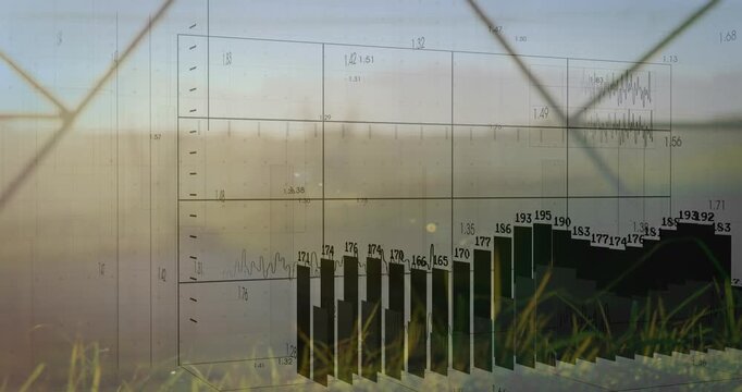 Grid fading in, data overlay appearing over field, bars emerging and sliding showing rising values
