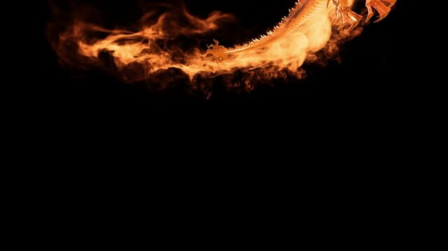 Majestic golden dragon breathing fire and surrounded by thick orange smoke clouds isolated on transparent background for fantasy and cinematic concepts